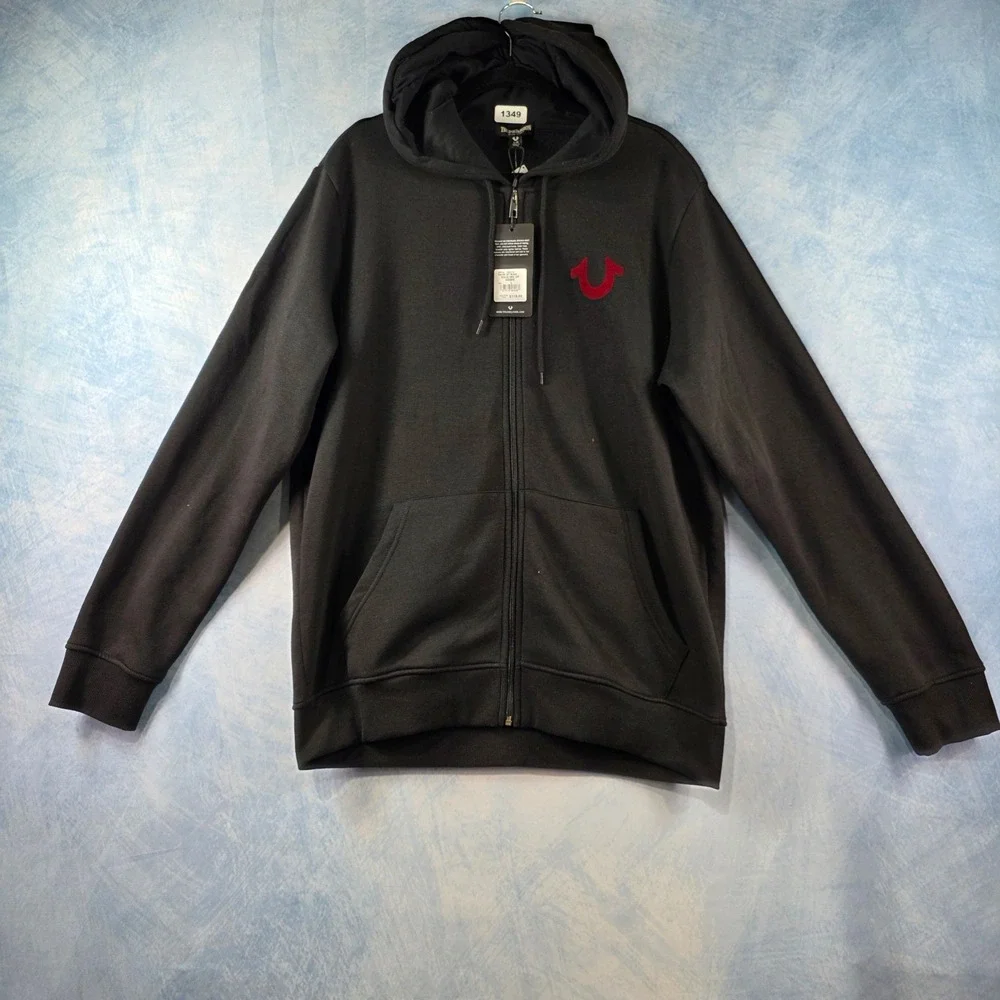 True Religion Mens Jet Black Solid SRS Zip Hoodie Red Buddha Logo Large NWT